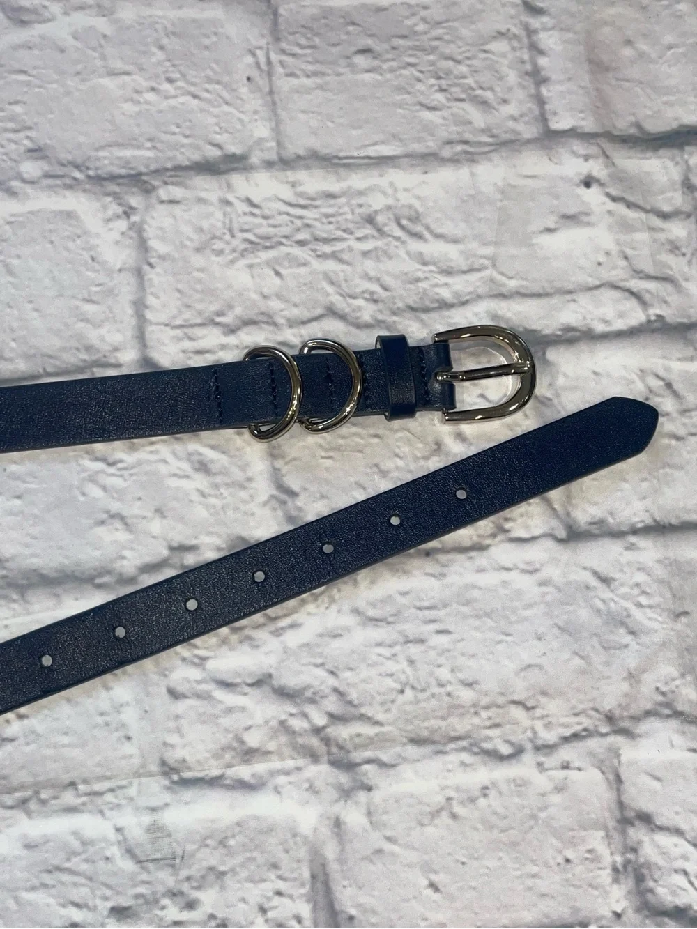 White House Black Market Navy Leather Belt with Silver Buckle. XL